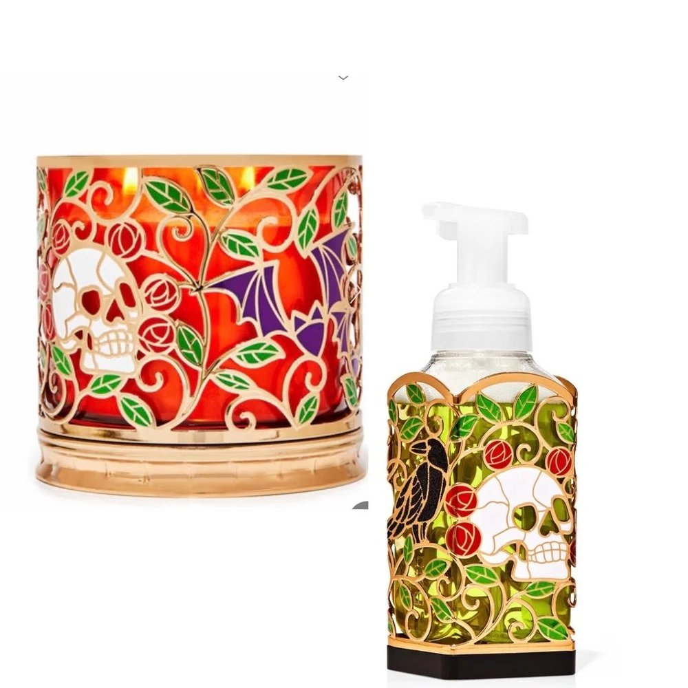 Bath & Body Works Stained Glass Skull Pumpkin Bat Candle & Soap Holder 2 Set